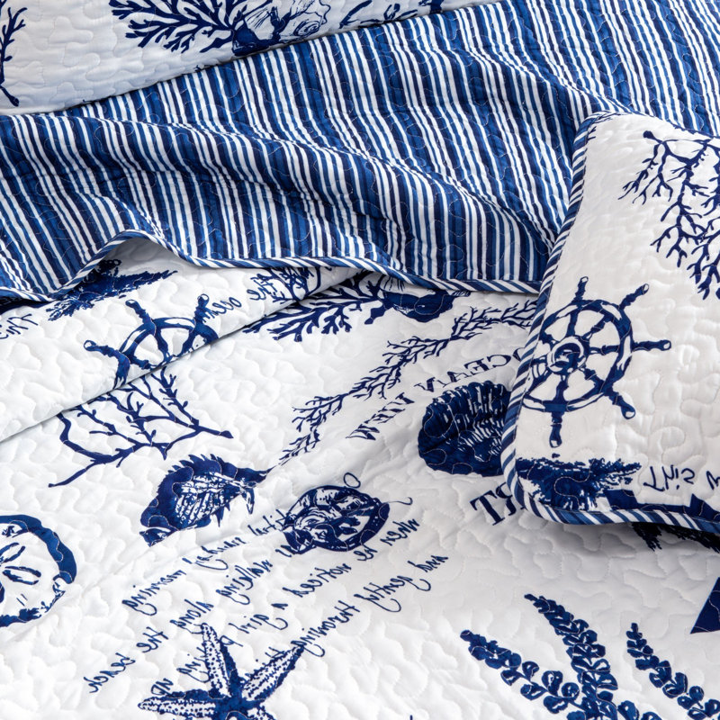 Catalina Twin Reversible Navy Blue Microfiber Quilt Set