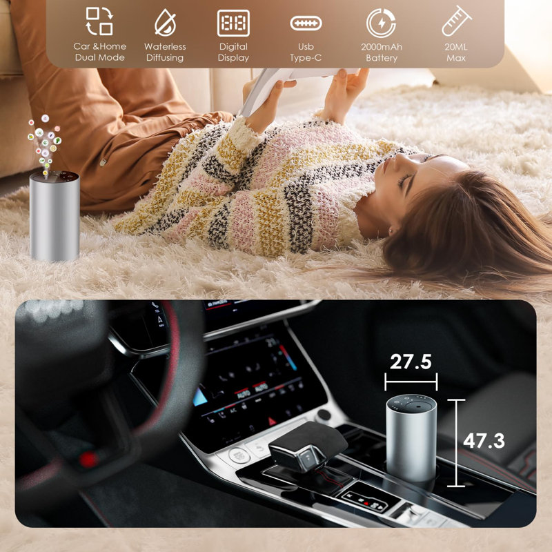 Waterless Portable Essential Oil Diffuser, Battery Operated, 1/4/8-Hour Timer, 20ml Capacity, 3 Mist Levels for Home, Car, Office