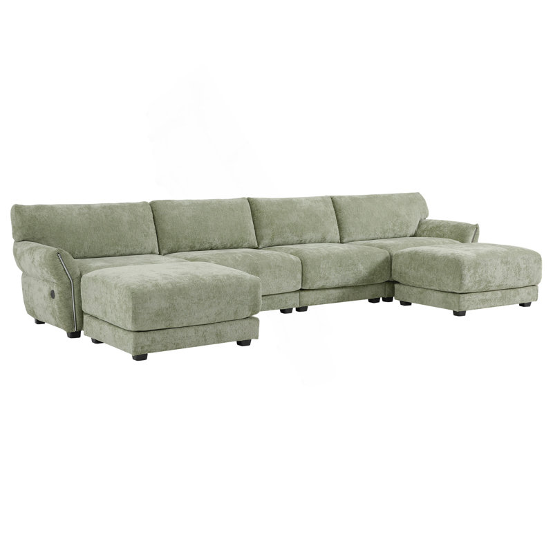 Modular Sectional Sofa, U-Shape with Extra-Wide Seat Cushion, USB and Type-C Charger, Petal Armrest Design, High Density Foam, Free Movement Ottoman, Wood Frame, Chenille, 6 Seat