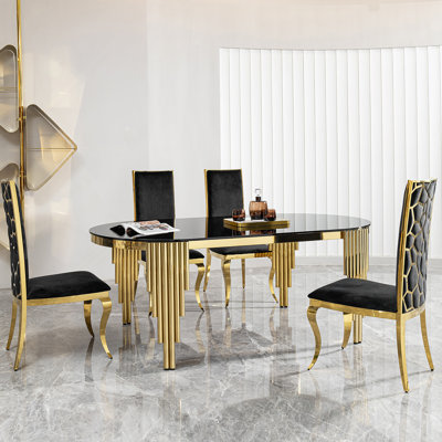 Table de salle à manger 79,53 "à dessus ovale en verre noir avec base en acier inoxydable doré pour 8 sièges