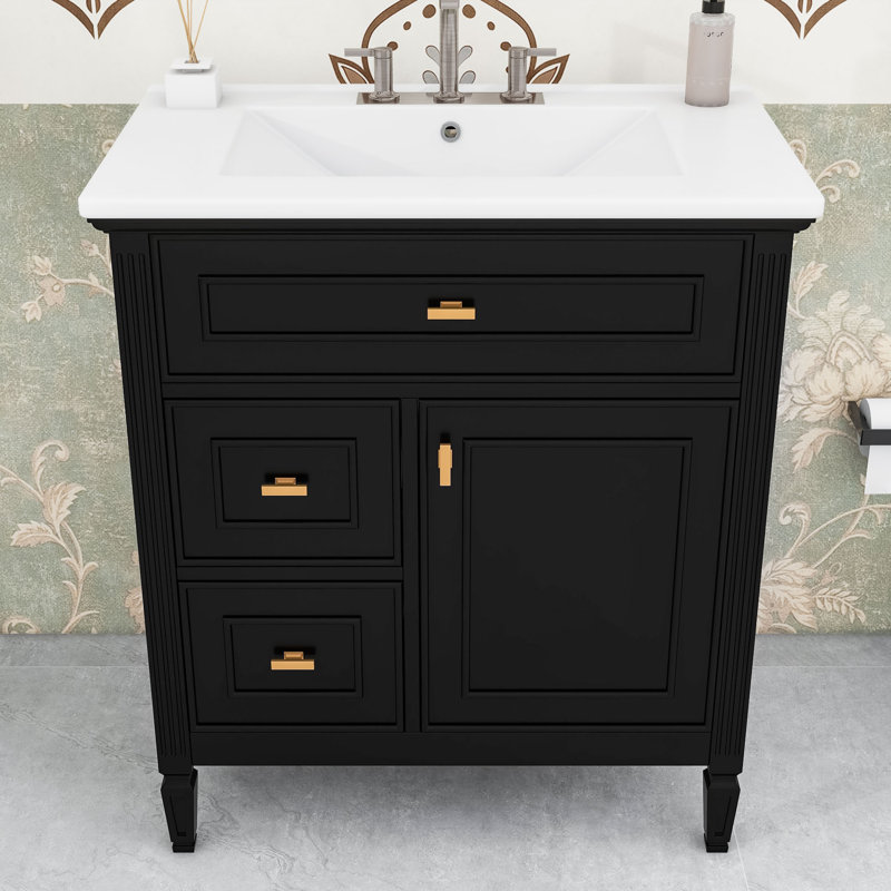 Armoire de salle de bain avec lavabo en céramique, 3 tiroirs et tablette réglable, Noir
