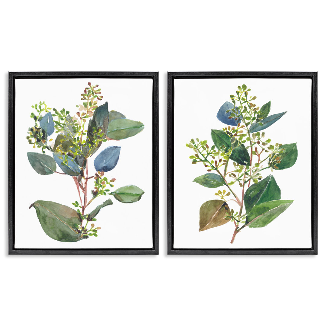 Soft Eucalyptus Plant Ombre Leaves 2 Piece Framed Floater Canvas Set by Melissa Wang Trinx Frame 