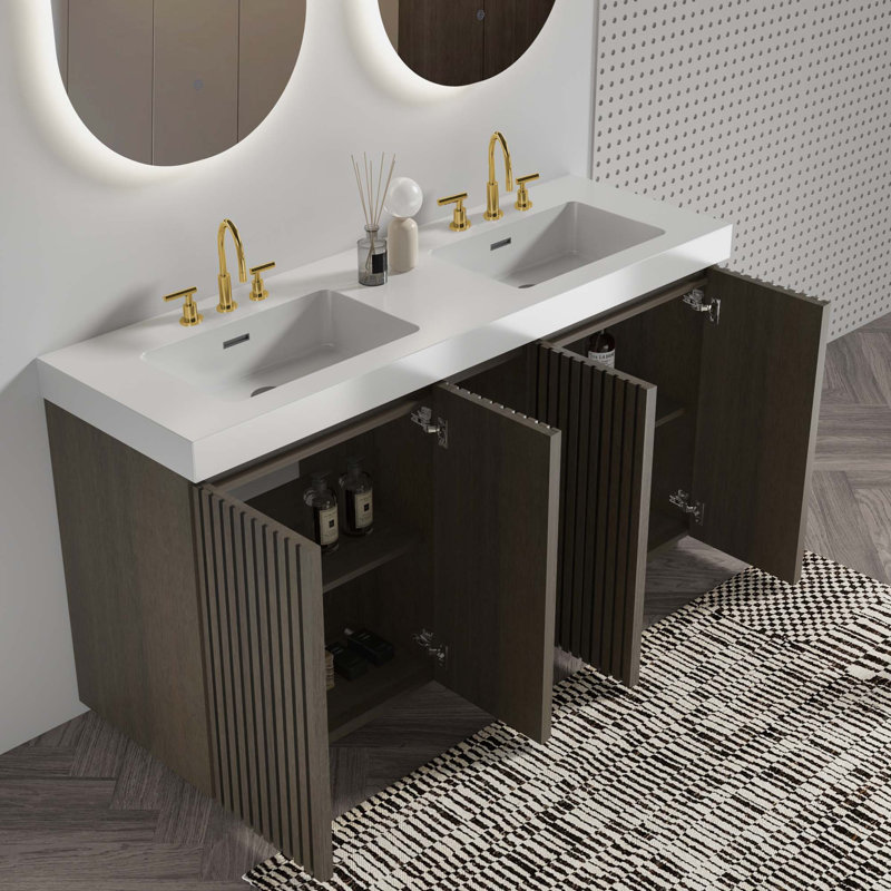 Meuble-lavabo moderne en chêne fumé avec lavabo intégré et grand espace de rangement, White