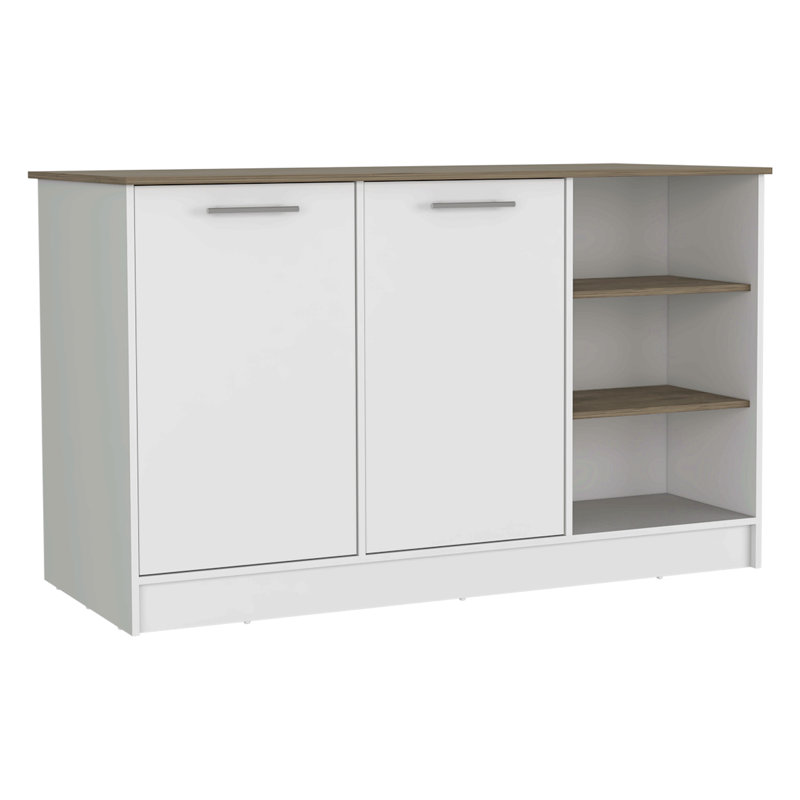 Îlot de cuisine deux armoires, trois tablettes ouvertes, blanc / brun foncé