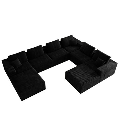 141.73*106.3"Modular Sectional Sofa Seat,Upholstered Compressed Couch For Living Room,Bedroom,Apartment,No Assembly Required,8Pc Free Combination,Plush Corduroy Fabric,Black