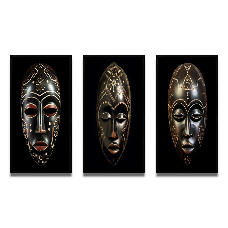 «Ethnical Traditional African Mask II», 3 pièces sur toile, H 28 po x l 36 po, Cadre noir