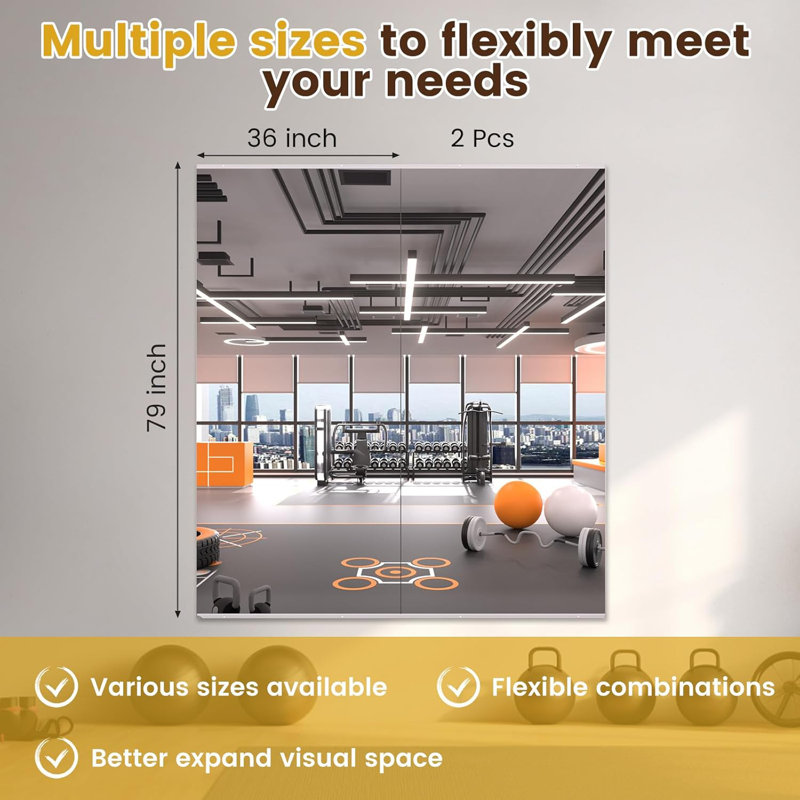 Full-Length Frameless Tempered Glass Yoga Mirrors with Mounting Kit for Home Gym, Yoga & Dance Studio, Set of 2/3, 79" x 36"