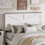 Tête de lit blanche avec cadre de grand lit, lit plateforme en bois, bruit, pas de sommier tapissier, assemblage facile, design industriel, look simple et moderne, espace de rangement avec style