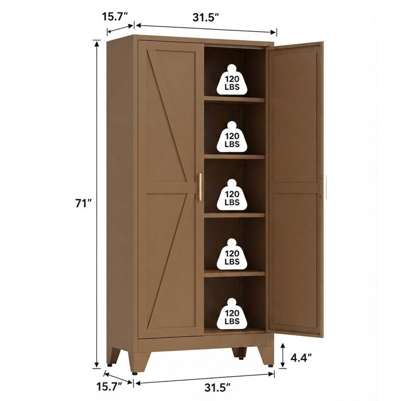 Grande armoire de rangement en métal 71 po avec 2 portes, 4 tablettes réglables et un espace de rangement indépendant (jaune brunâtre)