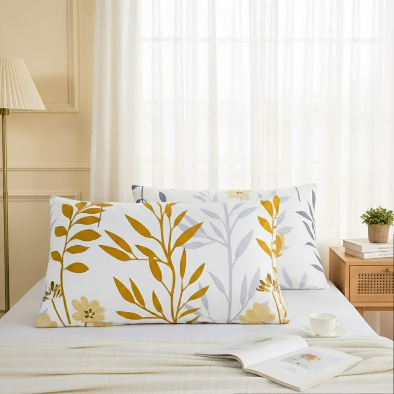 Standard Size Pillowcases Set of 2, 100% Cotton Pillow Cases, Yellow Floral Print, Soft Breathable Envelope Closure Pillow Covers(Standard, 20"x26")