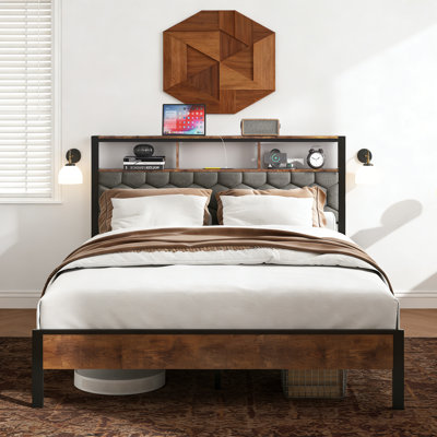 Lit plateforme tapissier avec ports de charge, boîte de rangement et tête de lit à tablette rétro