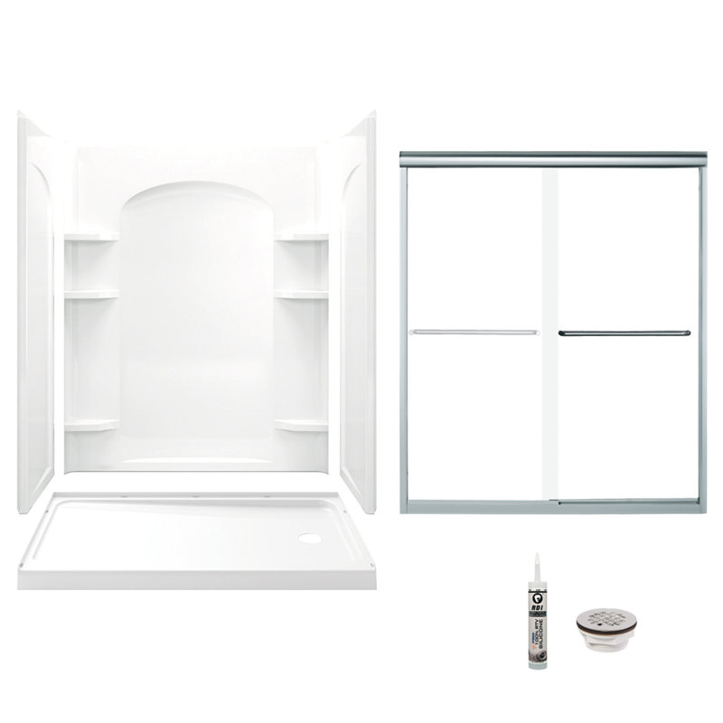 60" W x 74.75" H Frameless Rectangle Sliding Shower Kit with Towel Bar and Base Included, Silver