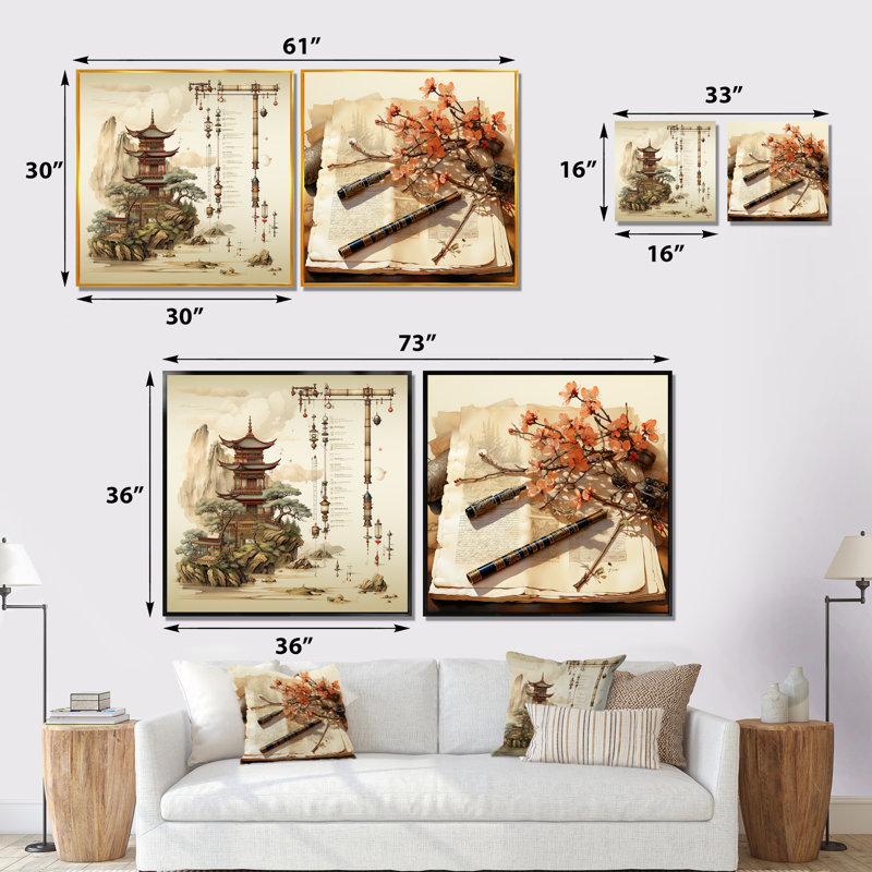 «China Scrolls Of Antiquity I», ensemble de 2 reproductions d'art mural chinois, Cadre flottant blanc
