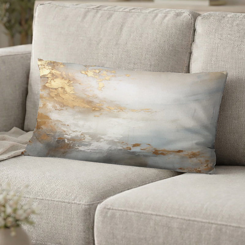 Coussin décoratif à formes abstraites - Beige, bleu, or, océan, tempête I, imprimé, H 12 po x l 20 po