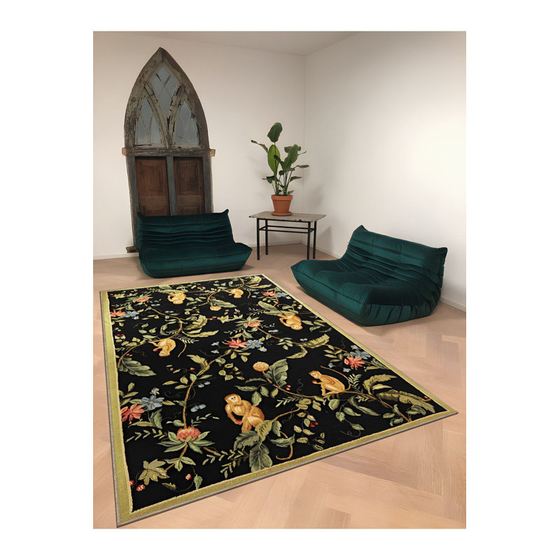 Tapis décoratif noir multicolore à motif de fleurs noir, Sous-tapis rectangulaire de 3 pi 3 po x 4 pi 11 po