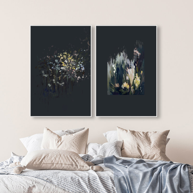 Midnight Flora Set Floral & Botanical Canvas Print by Oliver Gal, Black Frame, 10 x 15, 31"H x 46"W, White Floater Frame