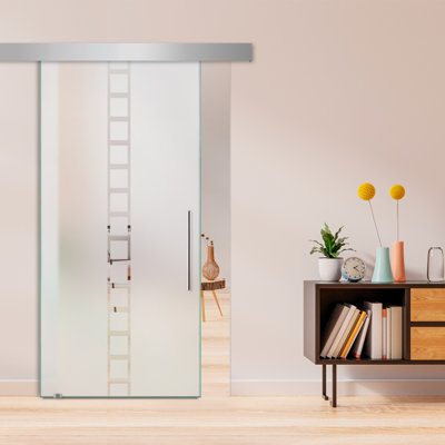 Frameless Glass Sliding Barn Door with Frosted Modern Design + Hardware Kit (Semi-Private)