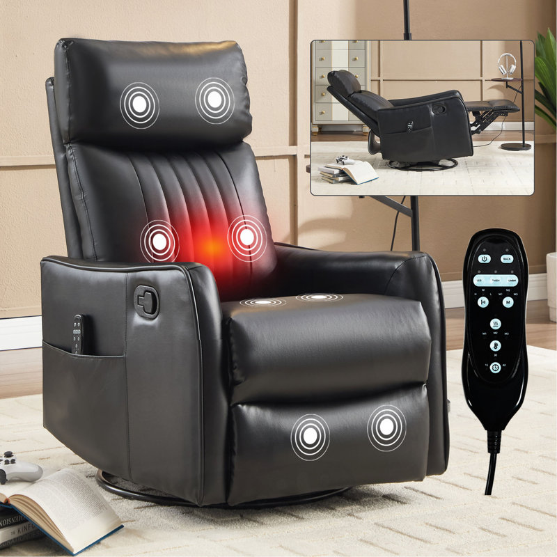Faux Leather Heat Massage Manual Recliner Chair With Rocker And Swivel For Living Room, Black