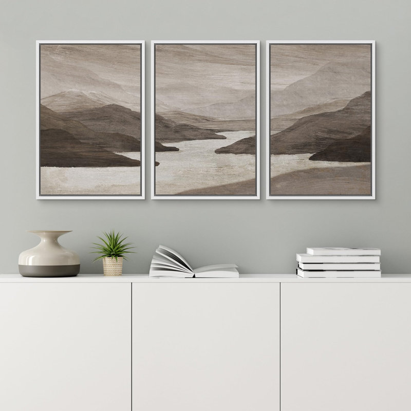 Mountain " Abstract River Flow Illustration Modern Art Decor Zen " 3 - Pieces, H 36 po x l 24 po x P 1,5 po, Blanc
