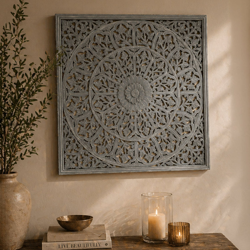 Panneau décoratif d'art mural en bois sculpté à la main mandala complexe 48 x 48 po