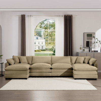 Brun clair Velours côtelé 4: avec 3 coussins décoratifs doux, confortable pour les espaces de vie, mobilier facile à assembler: 4 sièges avec repose-pieds élégants