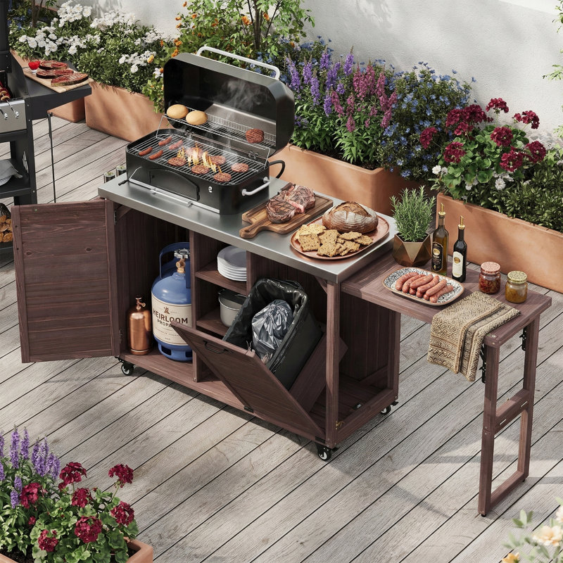 Îlot de cuisine 78,3 po avec plateau en acier inoxydable - Table de préparation pliante pour barbecue et rangement pour poubelle - Chariot de barbecue sur roulettes 100% bois massif - Noir