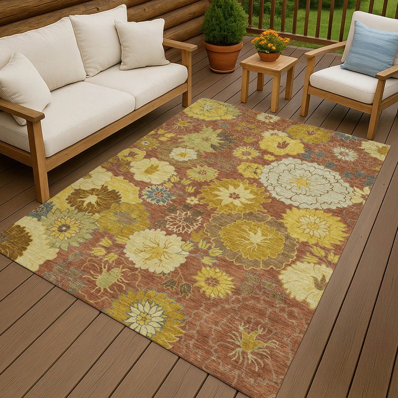 Tapis floral intérieur / extérieur lavable à la machine Emelia ACN2294, Rectangle 10 pi x 14 pi