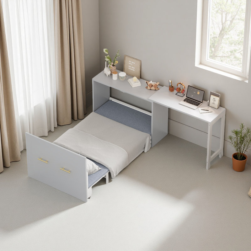 Lit simple escamotable avec commode à hauteur réglable, commode escamotable avec coussin pliable pour chambre d'amis, petit espace