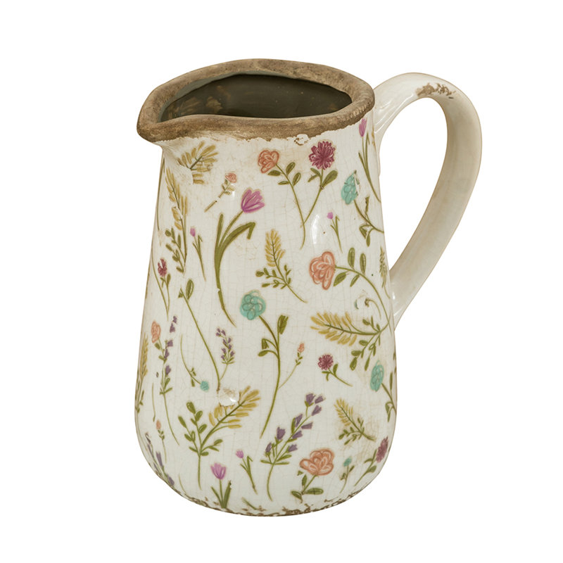 Round Ceramic Pitcher Vase with Multi-Colored Floral Motifs, 7.1”H x 6.3”W x 4.5”D