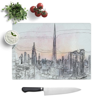 Glass Dubai Skyline in Abstract Chopping Board