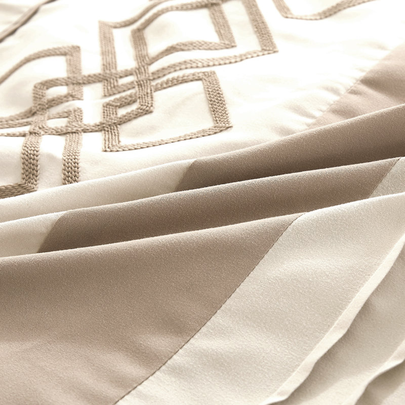 7-Piece Bohemian Embroidery Pleated Stripe Comforter Set , Taupe, King Comforter + 6 Additional Pieces