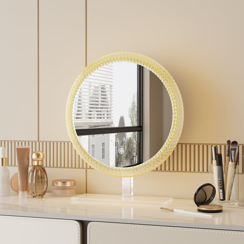 LED Lighted Vanity Mirror with 3 Color Temperatures (Cool/Natural/Warm Light), Touch Control Stepless Dimming, Eye-Caring Soft Light, Diamond-Shaped Frame & Acrylic Base, HD Clear Mirror