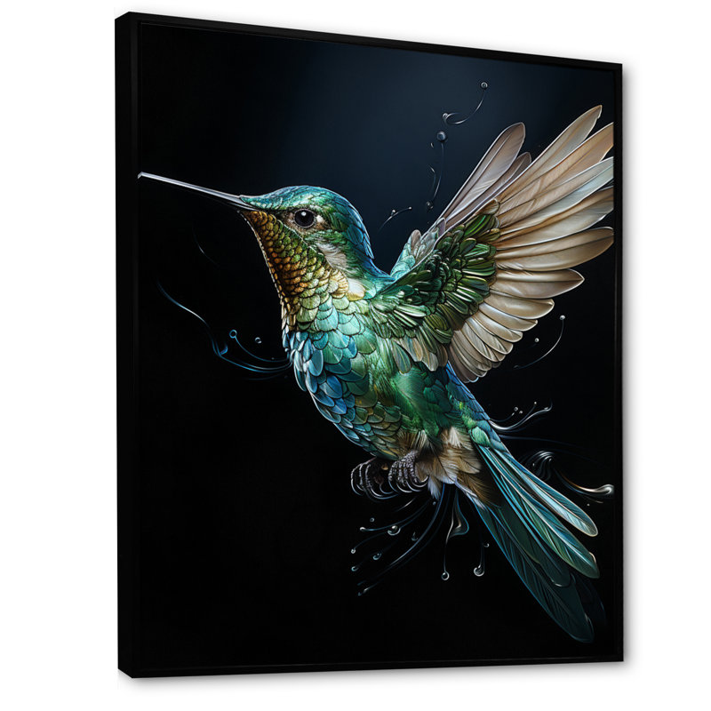 Woodleigh Teal Black Hummingbird Aérien Grace - Art mural colibri, H 20 po x l 12 po x P 1 po, Cadre flottant noir