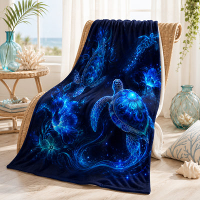 Teal Sea Turtle Throw Blanket, Geometric Underwater Panels with Wave, Shell and Jellyfish, Flannel Cover for Sofa, Bed, Travel, Reading and Lounging, 60 x 80 in