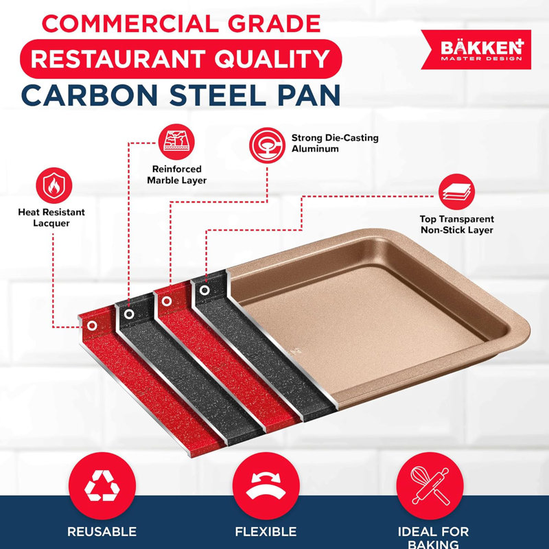 Plaque à biscuits Bakken - Moule en acier au carbone de 13,18 po x 8,66 po avec revêtement brun antiadhésif, allant au four jusqu'à 450 ° F, ustensiles de cuisson durables et faciles à nettoyer
