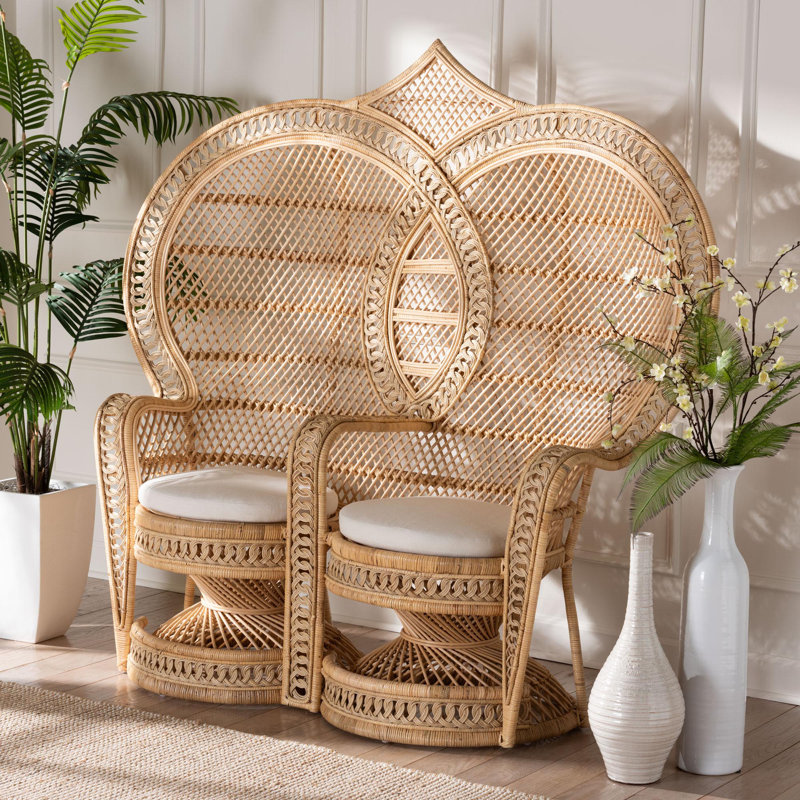 Handcrafted Bohemian Natural Brown Rattan Two-Seater Peacock Chair