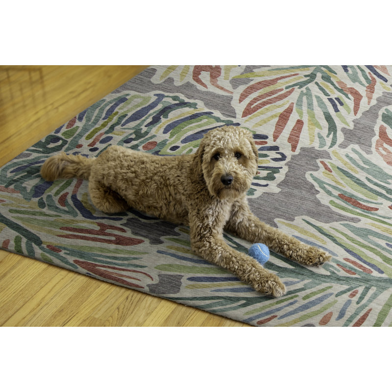 Kivett Floral Gray and Green Indoor Outdoor Machine Washable Area Rug, Rectangle 5' x 7'