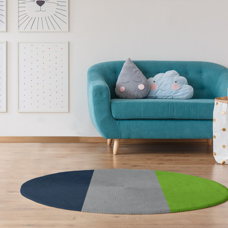 Striped Blue/Gray/Green Area Rug, Round 5'