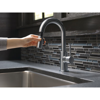 Trinsic Brushed Gold Swivel Bar Sink Faucet with Pull Down Sprayer, Modern Single Hole Prep Sink Faucet, Single Handle, Champagne Bronze