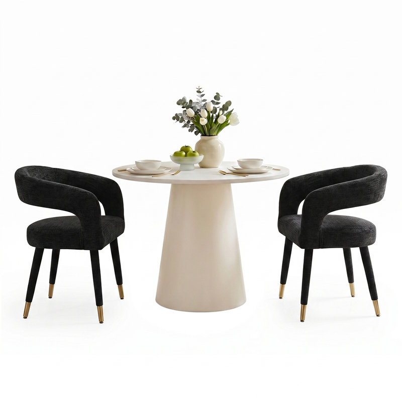 Modern 35" White Round Dining Set For 2 With Chenille Armchairs, Black