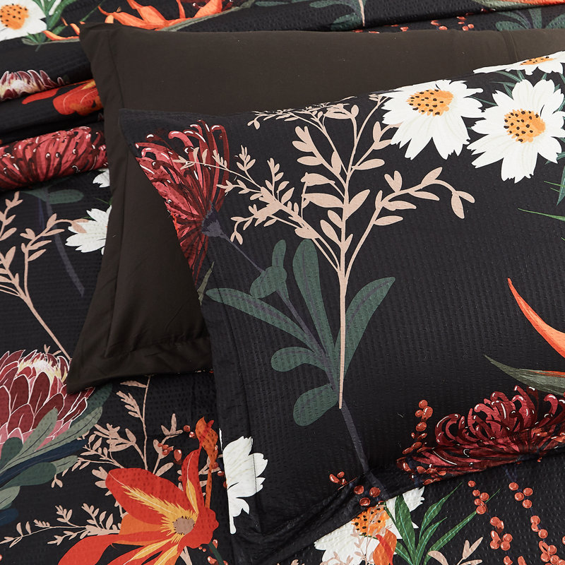Ensemble d'édredon, ensemble d'édredon avec motif, ensemble de literie en microfibre toutes saisons, Floral orange / noir