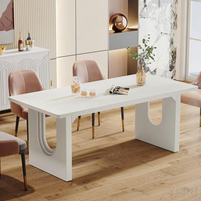 Modern 71" Rectangular Dining Table For 6–8 People, Large White Kitchen Table With Wooden Pedestal Base, Contemporary Long Dinner Table For Dining Roo