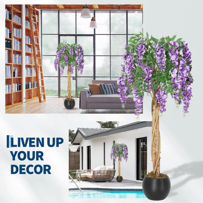 4 FT Artificial Purple Bean Flower Tree, Silk Fake Plant in Cement Pot for Home & Office