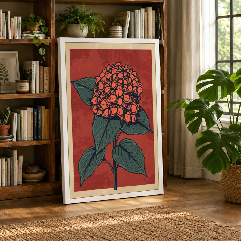 Hydrangea Woodblock Botanical - Wrapped Canvas, 18x12 - 45.7 x 30.5 cm, Black Border