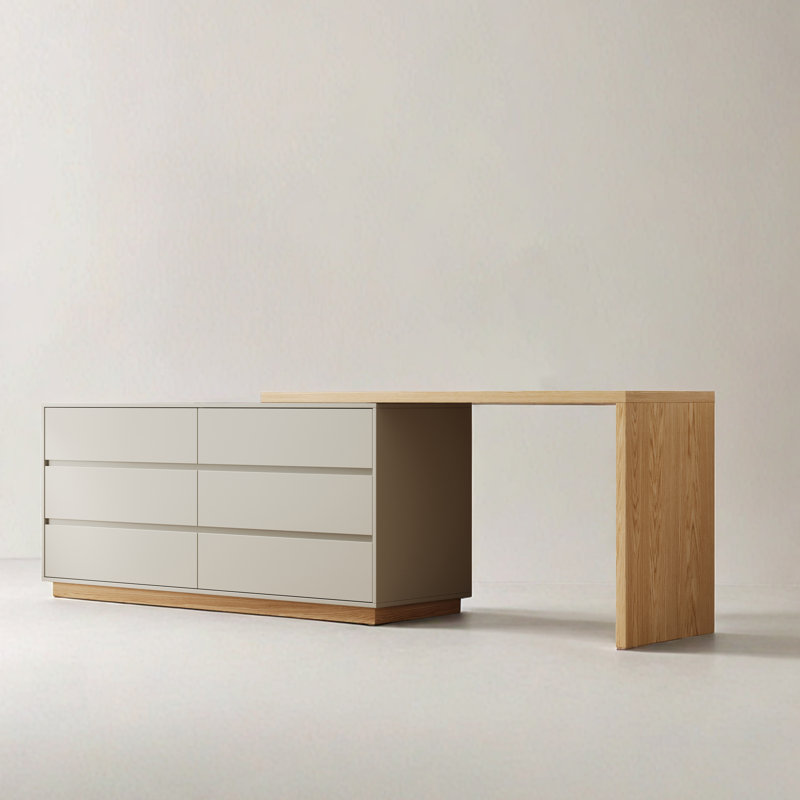 55.2 Inch White Corner L-Shaped Dressing Table, 6 Drawers