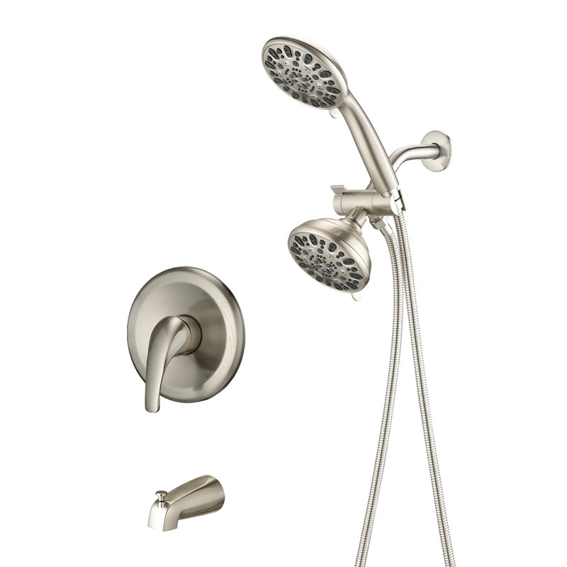 Tub Spout Shower System - Dual 2 In 1 Faucet With Valve. 7 Spray Modes For A Relaxing Bath Experience. Brushed Nickel High Valve Faucet.