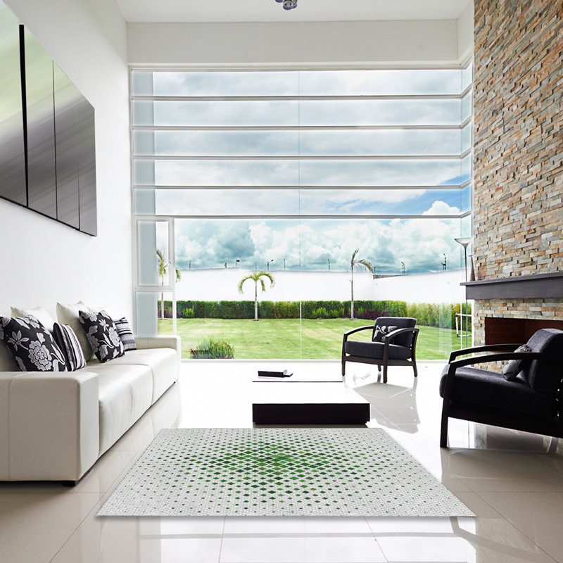 Laine tissé à la machine à motifs géométriques et polyester gris/vert Tapis décoratif, Carré 5 pi
