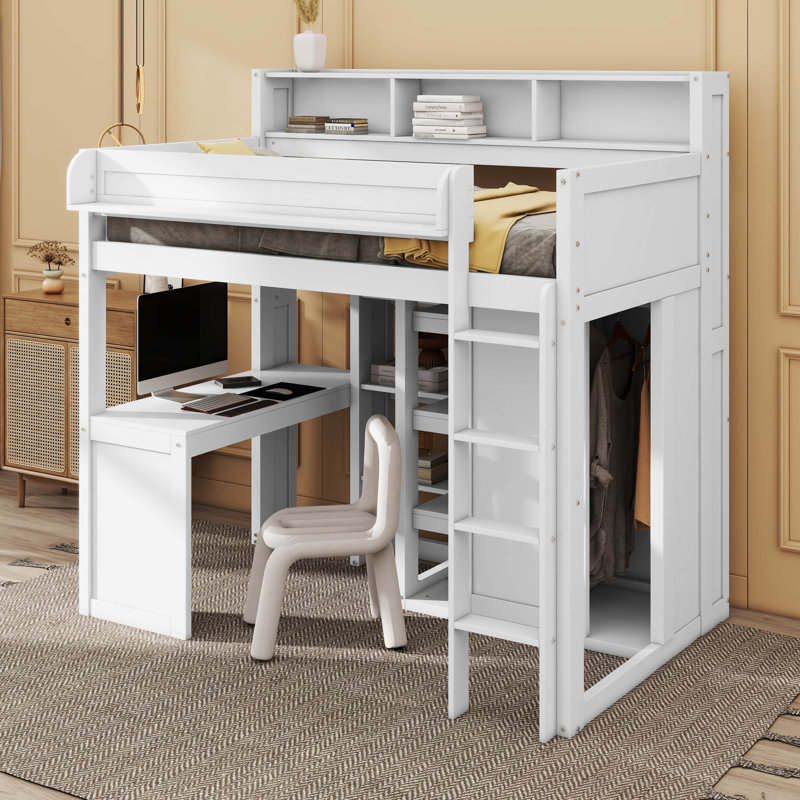 Lit mezzanine simple avec tablettes et garde-robe, Blanc