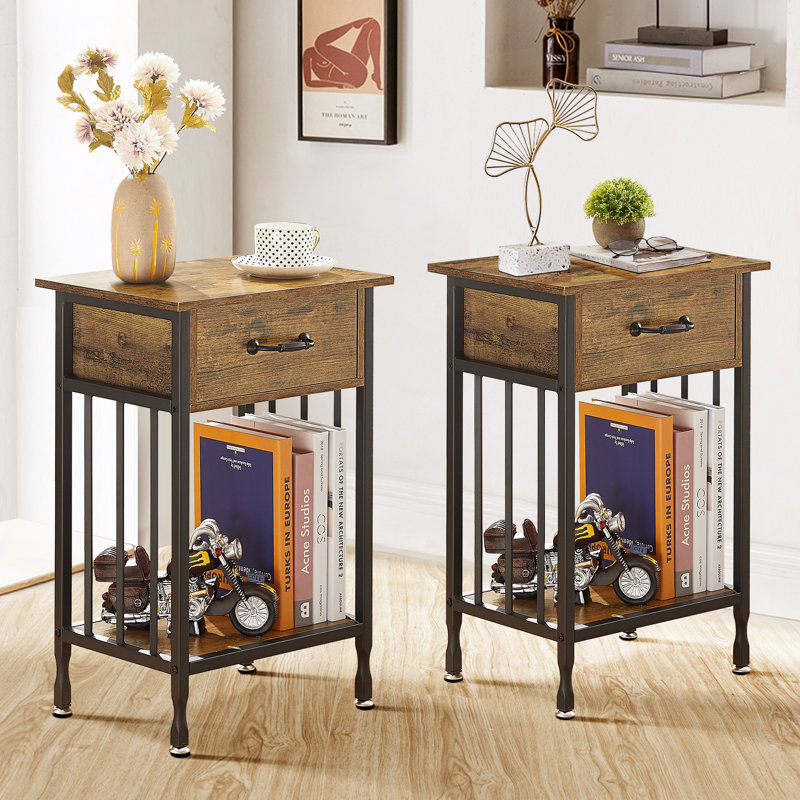 Kempst 15.7'' W Nightstand, Black/Antique Brown, Set of 2