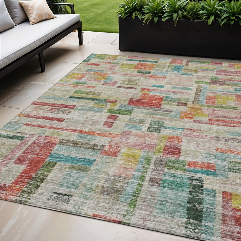 Tapis extérieur lavable rayé vert et brun 5 pi x 8 pi en terre cuite